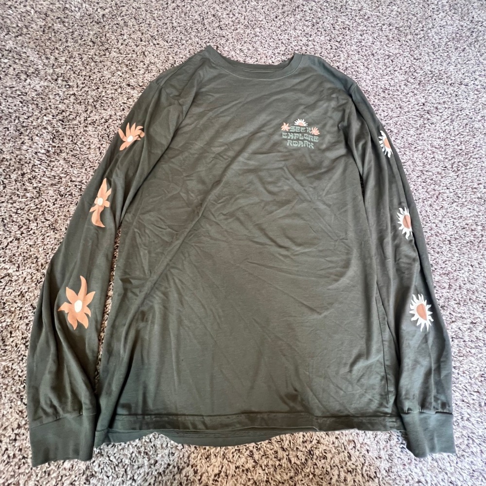 ROARK Mens Long Sleeve T Shirt Graphic Print See Explore Roar Olive Green Size M